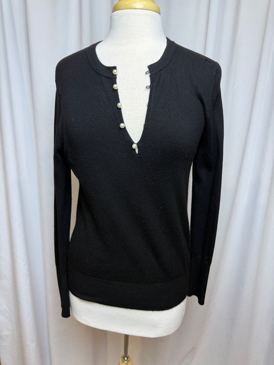 Zara Sweaters - Zara Black V-Neck Knit Sweater with Faux Pearl Buttons, Large